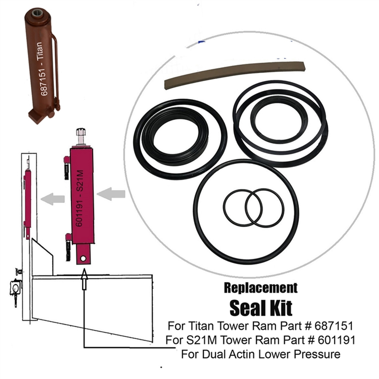 Exploded side view of the  seal kit with view of  Chief frame machine S21M Tower Ram Seal Kit - Dual Acting Exploded side view of the  seal kit with view of  Chief frame machine S21M Tower Ram Seal Kit - Dual Acting