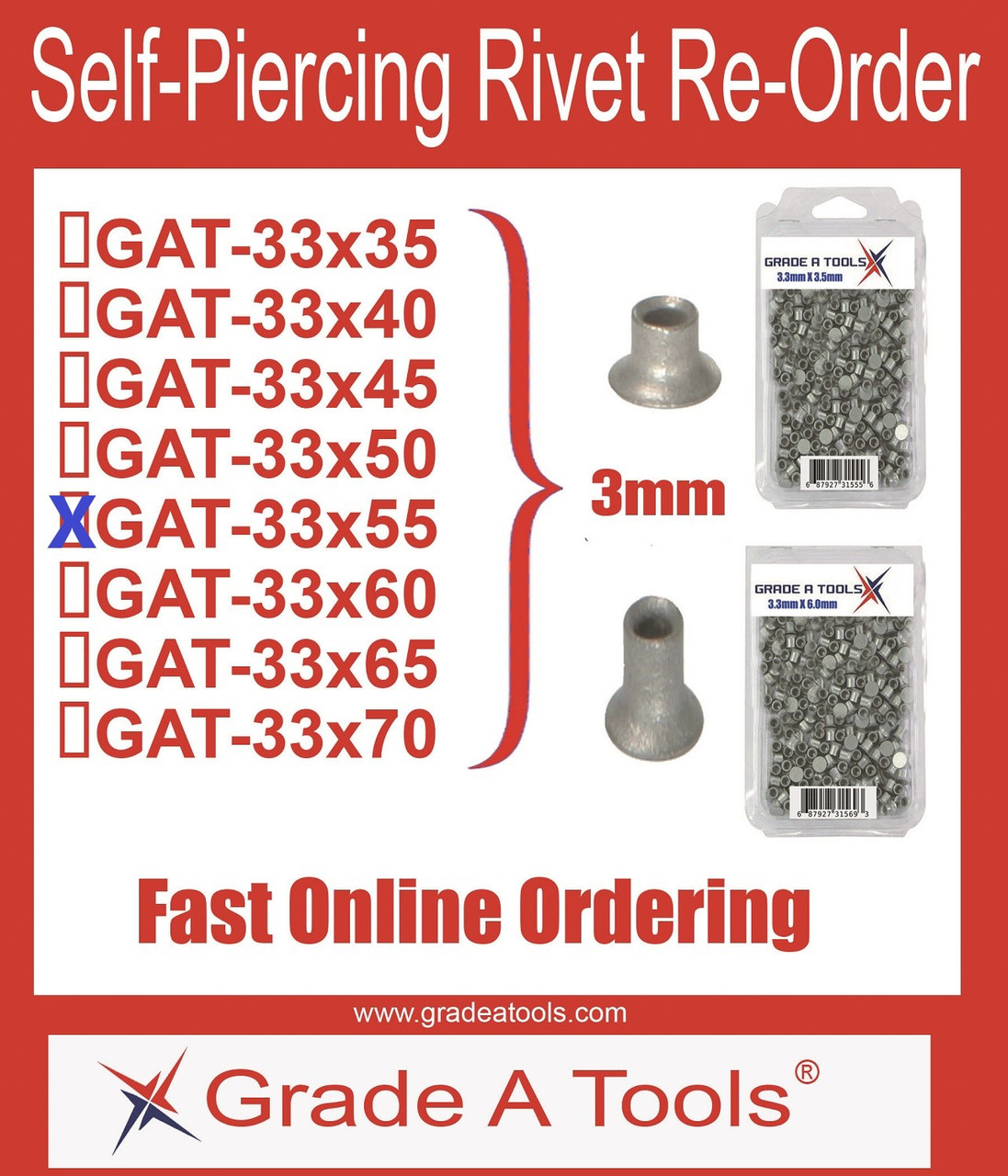 3.3mm x 5.5mm Self Piercing Rivets, 100/Box