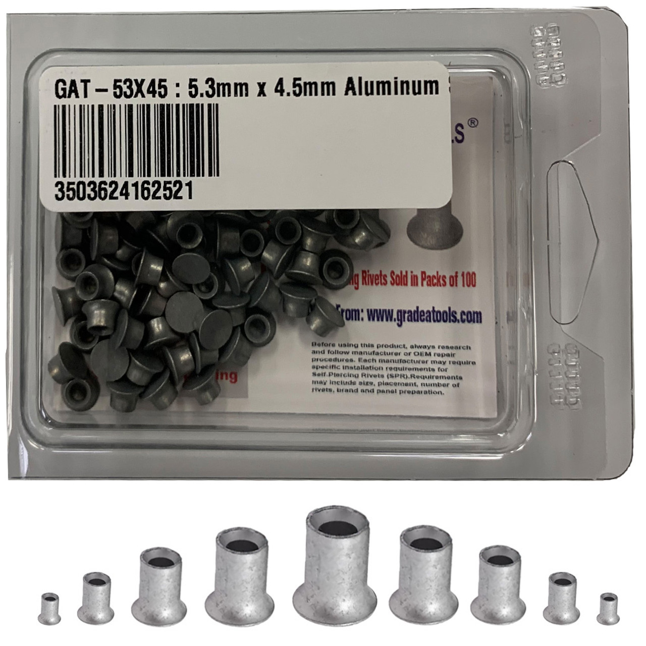 5.3mm x 4.5mm Aluminum Self Piercing Rivets, 100/Box