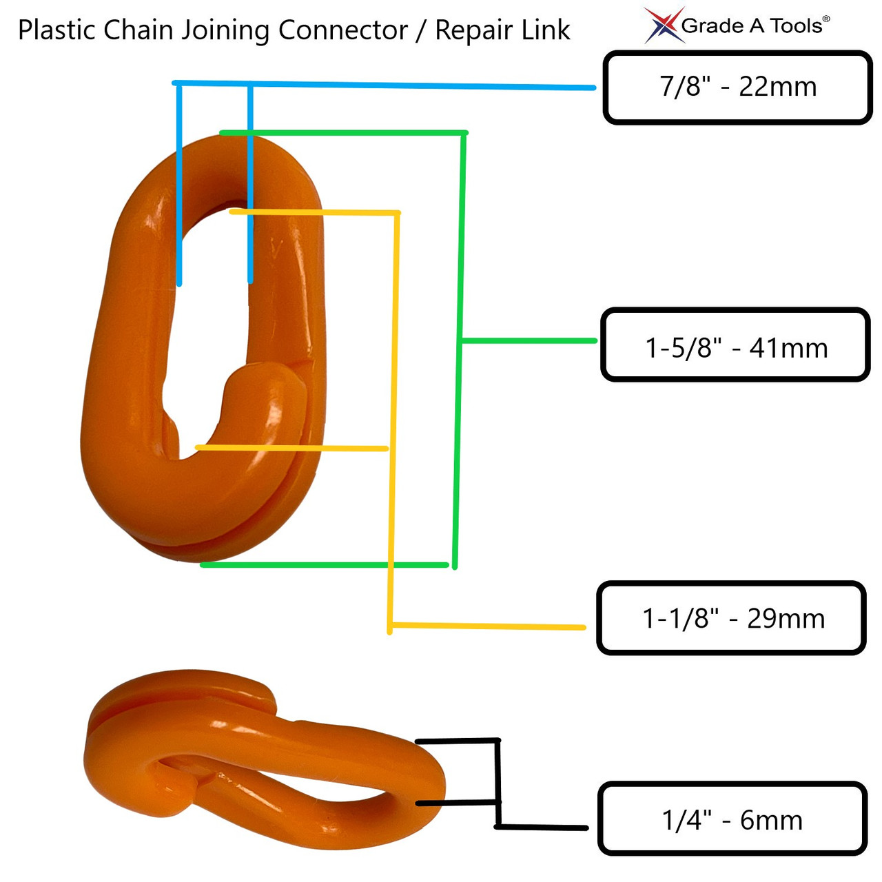 Plastic Safety Chain Orange Repair  joining  Link connector  1-5/8" X 1/4" (41mm X 6mm) B