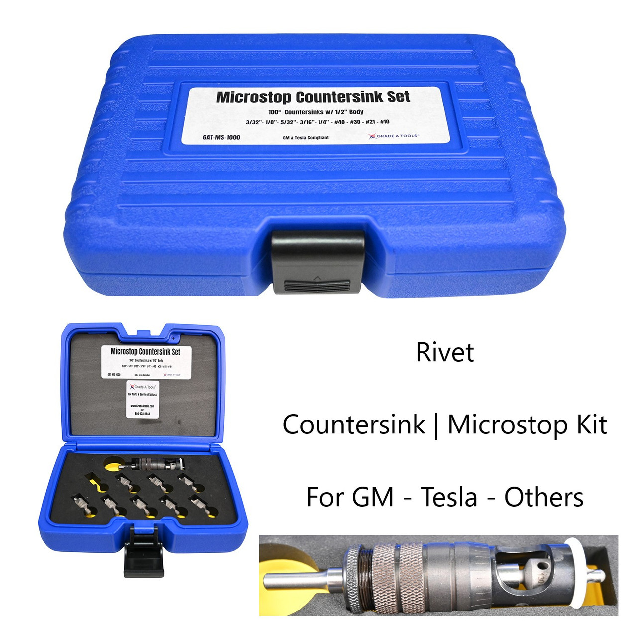 GM & Tesla Countersink & Microstop Kit  GAT-MS-K100 for flush setting Blind and Self piercing rivets