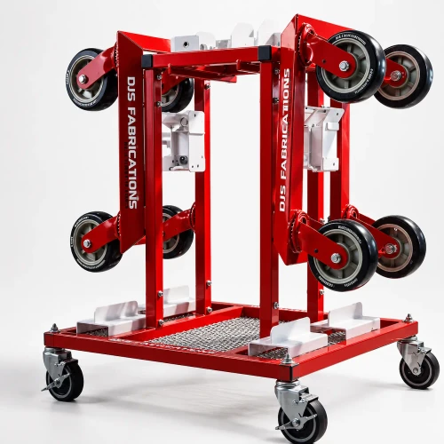 DJS Fabrications DJS-00115-2 Mobile Dolly Station with two universal vehicle dollies, heavy-duty storage cart, and hub and pinch weld adapters for collision repair shops.