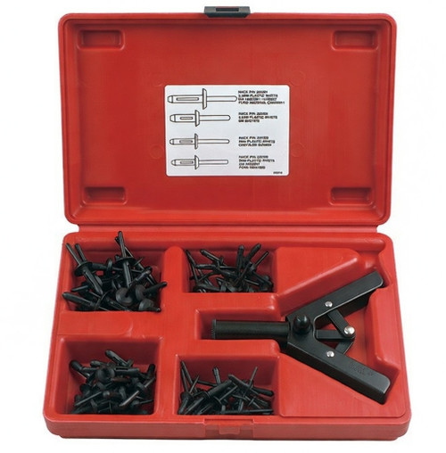 PR75K Quick Set Riveter Kit for Plastic Rivets. Lightweight manual one-hand tool. Sets most plastic rivets up to 6.6 mm.