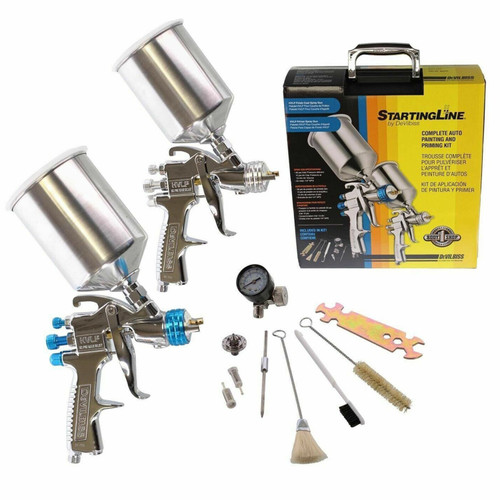 DeVilbiss 802343 StartingLine Auto Painting/Priming System is a complete 2-gun HVLP kit for automotive refinishing.