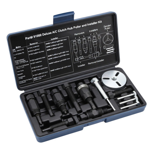 Mastercool 91000A Deluxe Clutch Hub Puller/Installer Kit is a comprehensive professional tool set for removing and installing A/C compressor clutch hubs.