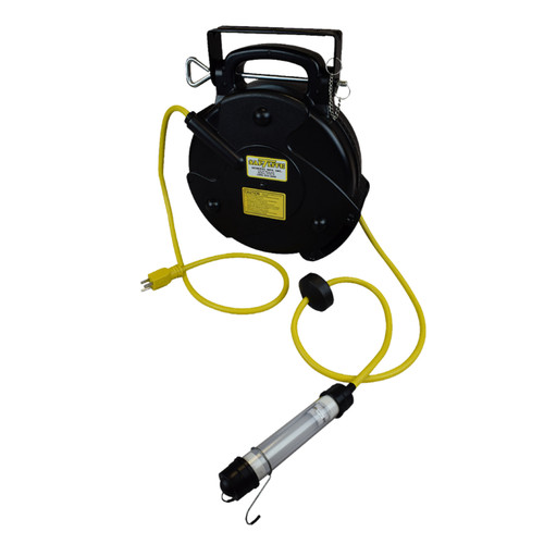 Saf-T-Lite 1950-4000 Stubby on 50' Midsize Reel – rugged portable LED work light mounted on a 50 ft retractable cord reel for reliable illumination in auto body shops, paint booths, and industrial settings.