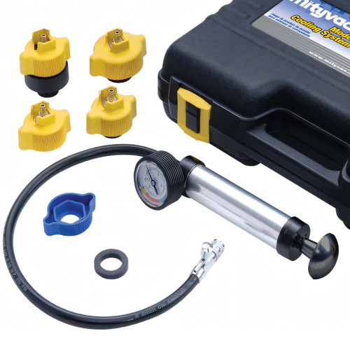 Mityvac MV4530 Cooling System Pressure Test Kit is a professional hand-operated tool for diagnosing leaks in automotive cooling systems.
