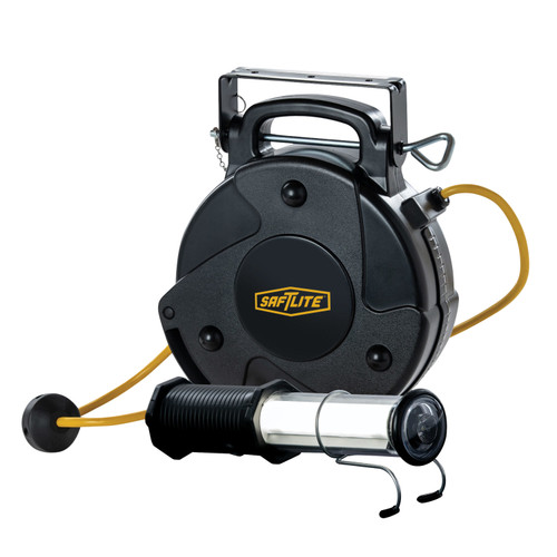 Saf-T-Lite 1950-8008 Stubby II LED on 50' Mid-Size Reel – rugged portable LED work light mounted on a 50 ft retractable cord reel for reliable illumination in auto body shops, paint booths, and industrial settings.