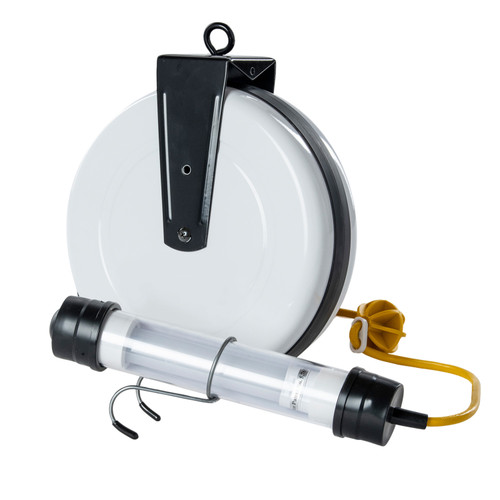 Saf-T-Lite 1940-4011 Stubby LED Work Light, 40' Reel – rugged portable LED work light mounted on a 40 ft retractable cord reel for reliable illumination in auto body shops, paint booths, and industrial settings.