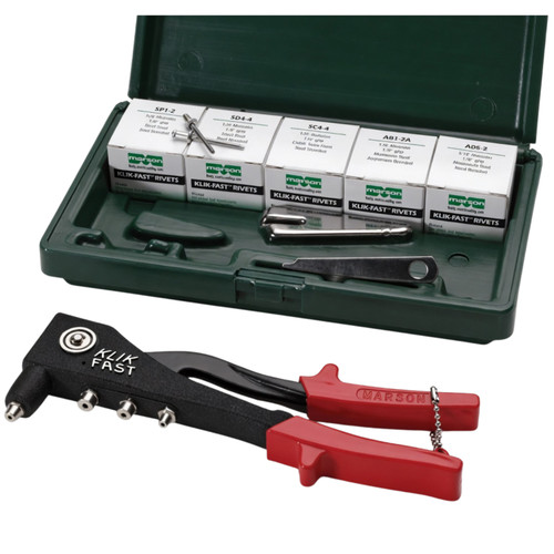 Marson 39001 Rivet Gun Kit is the deluxe HP-2 hand riveter with 200 assorted Klik-Fast rivets.