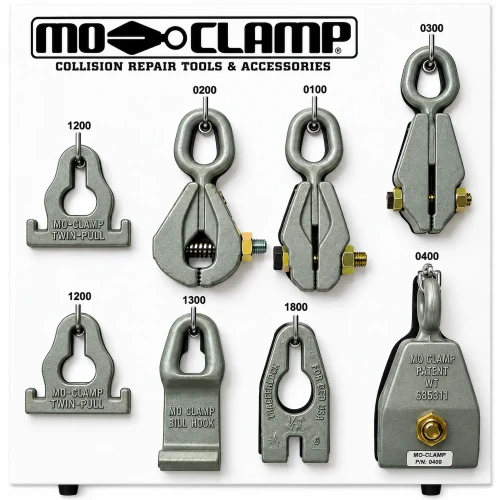 Mo-Clamp 5010 No. 1 Tool Board with eight professional frame straightening tools, including B, C, Jr and W pulling clamps, Twin Pulls, Sill Hook and Track Hook.