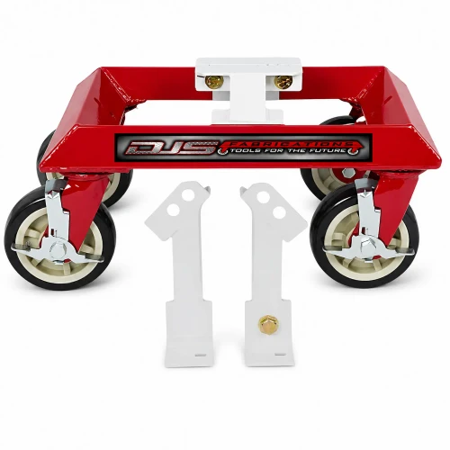 DJS Fabrications DJS-00102 Universal Vehicle Dolly Single with hub and pinch weld adapters for moving undrivable vehicles in collision repair shops.