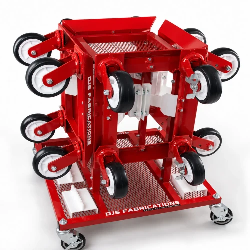 DJS Fabrications DJS-00115-4 Mobile Dolly Station with four universal vehicle dollies for collision repair shops.