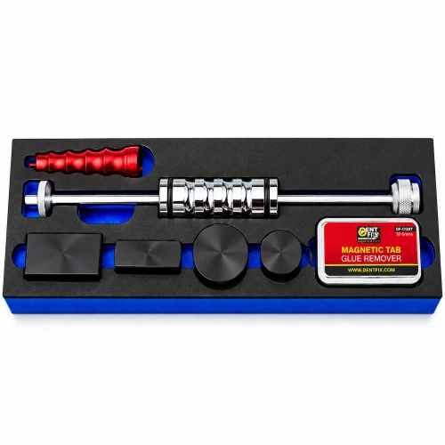 Dent Fix DF-CGS71 Cold Glue Slide Hammer Set with 2.8 lb slide hammer, four aluminum pulling tabs and 50g Mammoth Tar adhesive for professional PDR dent pulling.