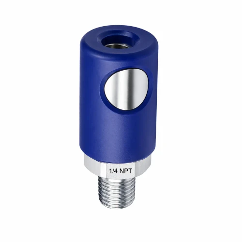 Prevost blue male industrial quick air coupler with silver button - IRC061251 / 1/4" NPT.