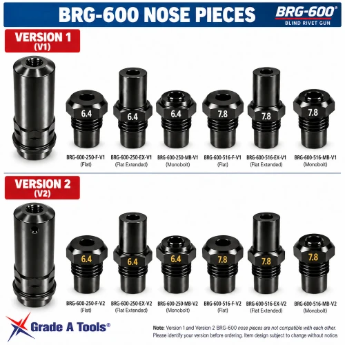BRG-600 Blind Rivet Gun replacement nose pieces for 1/4 inch and 5/16 inch blind rivets.