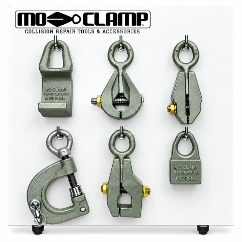 Mo-Clamp 5054 No. 54 Power Pull Tool Board with six professional frame pulling tools, including C, Jr, G and Baby Box clamps, Sill Hook and Tac-N-Pull for collision repair.