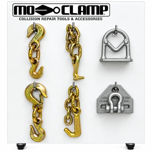 Mo-Clamp No. 55 Hook & Pull Tool Board MO-5055 featuring a 6-piece professional tool set for automotive collision repair.