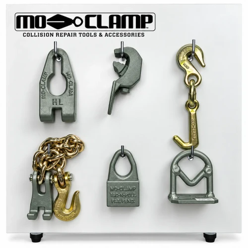 Mo-Clamp No. 56 All-Purpose Pulling Tool Board MO-5056 featuring six professional pulling tools for automotive collision repair and frame straightening.