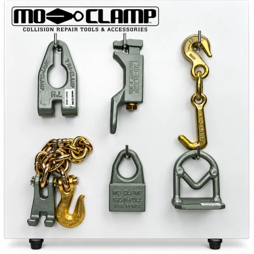 Mo-Clamp No. 58 Multi-Purpose Pulling Tool Board MO-5058 featuring six professional pulling tools for automotive collision repair and frame straightening.