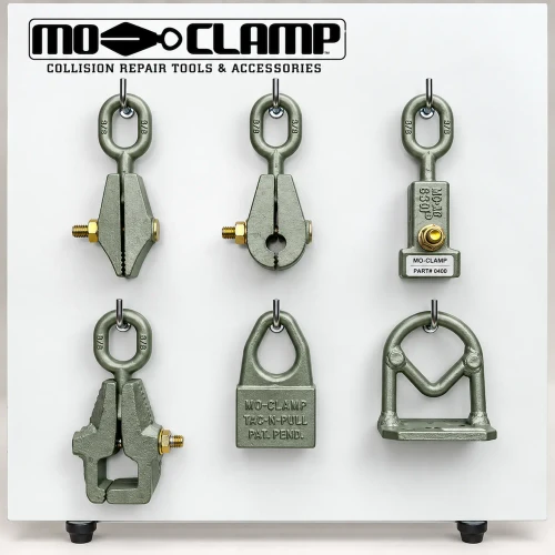 Mo-Clamp No. 59 Dyna-Mo Power Tool Board MO-5059 featuring six professional pulling tools for automotive collision repair and frame straightening.
