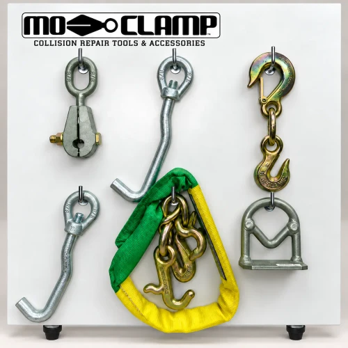 Mo-Clamp No. 60 Precision Pull Tool Board MO-5060 featuring six professional pulling tools for automotive collision repair and frame straightening.