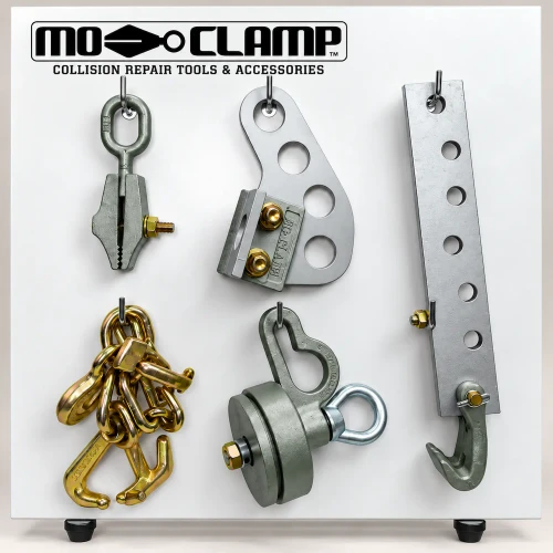 Mo-Clamp No. 61 Structural Power Tool Board MO-5061 featuring five professional pulling tools for automotive collision repair and frame straightening.