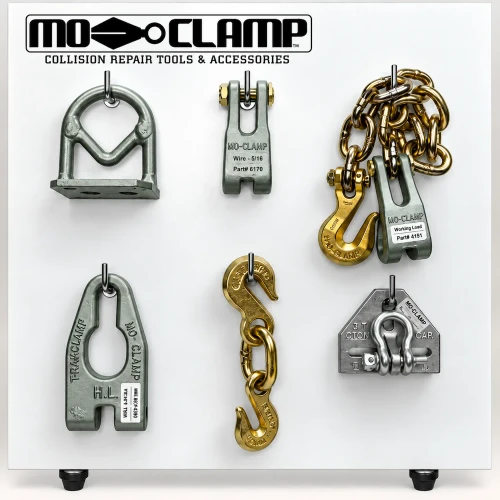 Mo-Clamp No. 62 Hook & Chain Pro Tool Board MO-5062 featuring six professional pulling tools for automotive collision repair.
