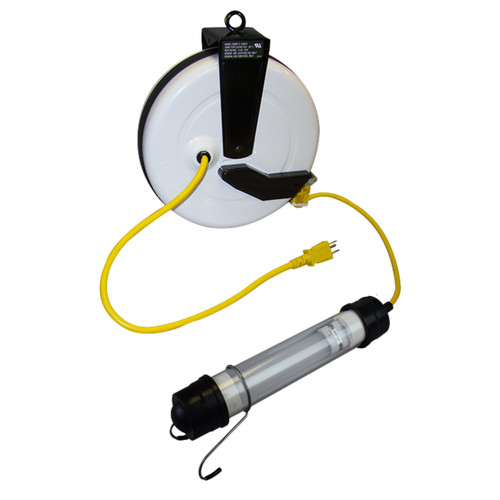 Saf-T-Lite 1940-4012 Stubby LED, 40' Auto Reel – innovative portable LED work light on a 40 ft automatic retractable reel designed for enhanced safety and convenience in auto body shops, paint booths, and industrial settings.