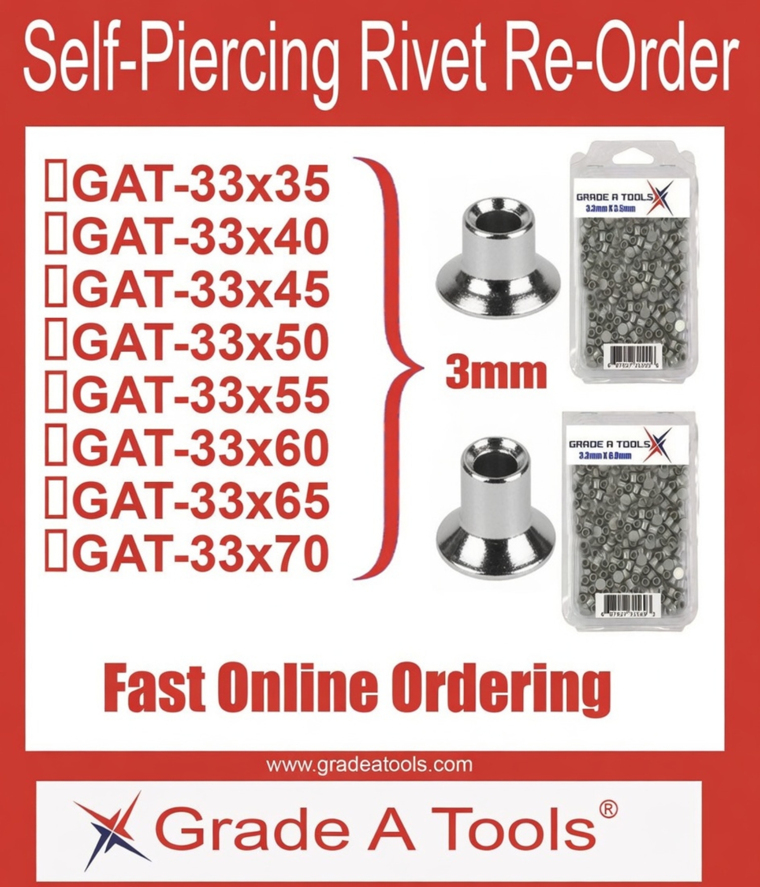 3.3mm x 6.0mm Aluminum Self Piercing Rivets, 100/Box