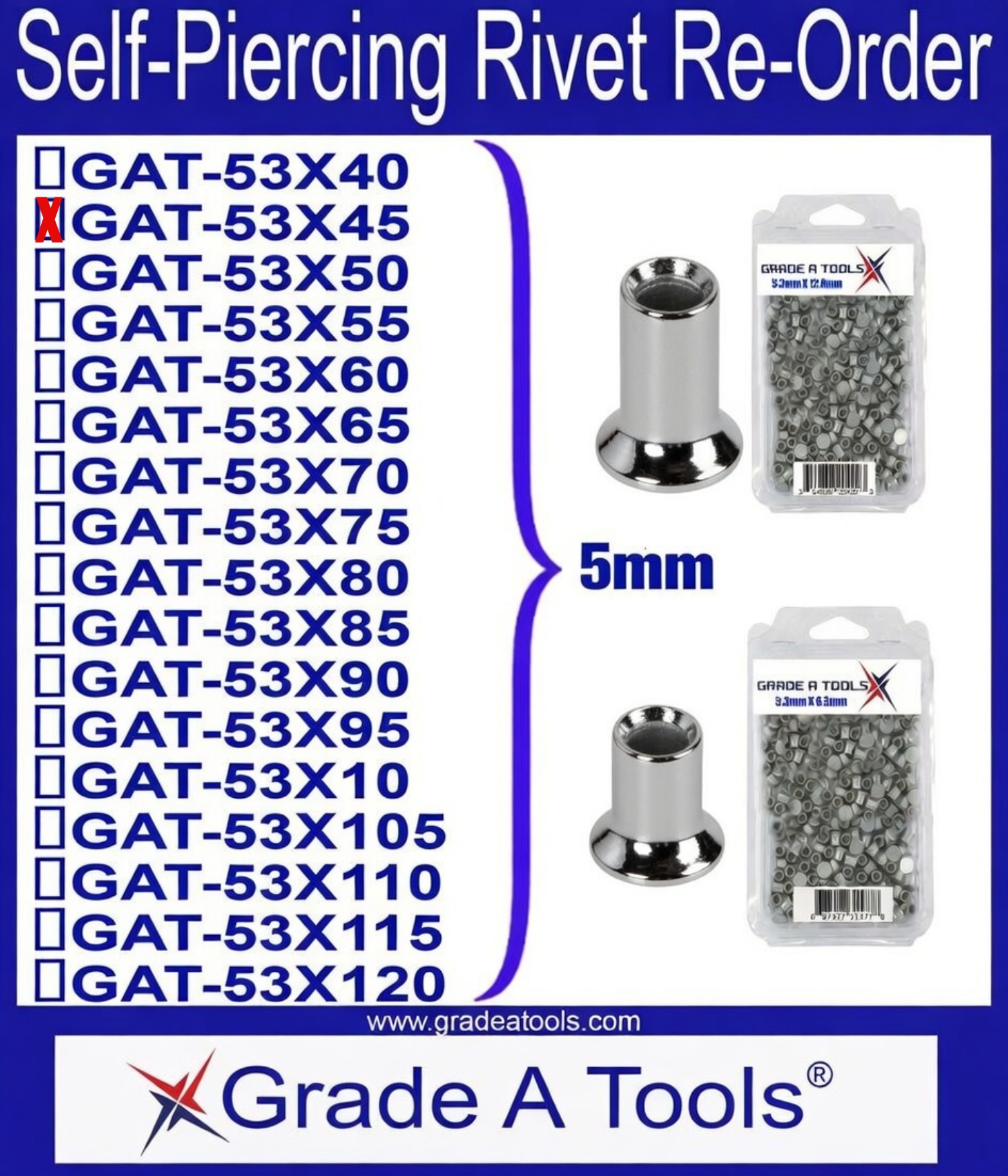 3.3mm x 6.0mm Aluminum Self Piercing Rivets, 100/Box