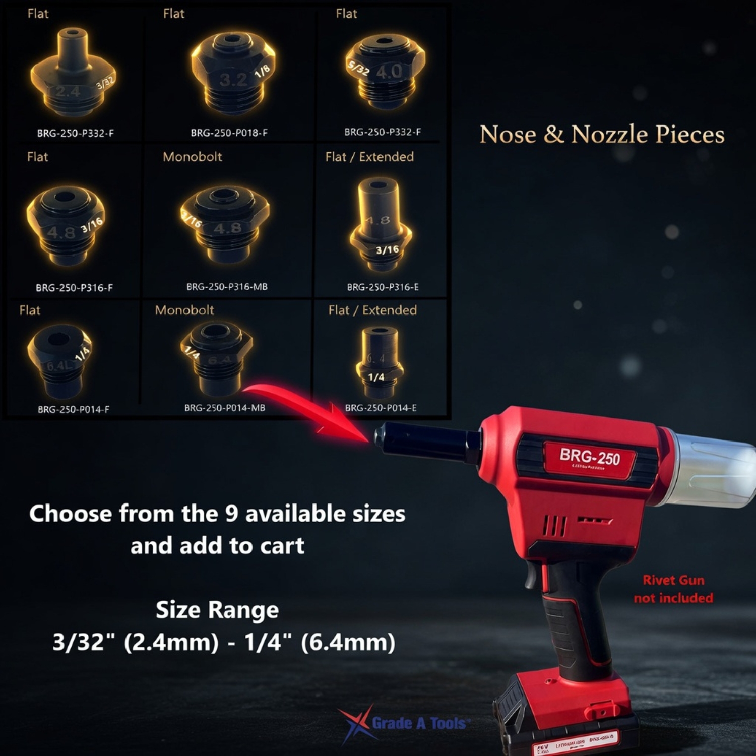 Nozzles & Nosepieces for BRG-250 rivet gun.