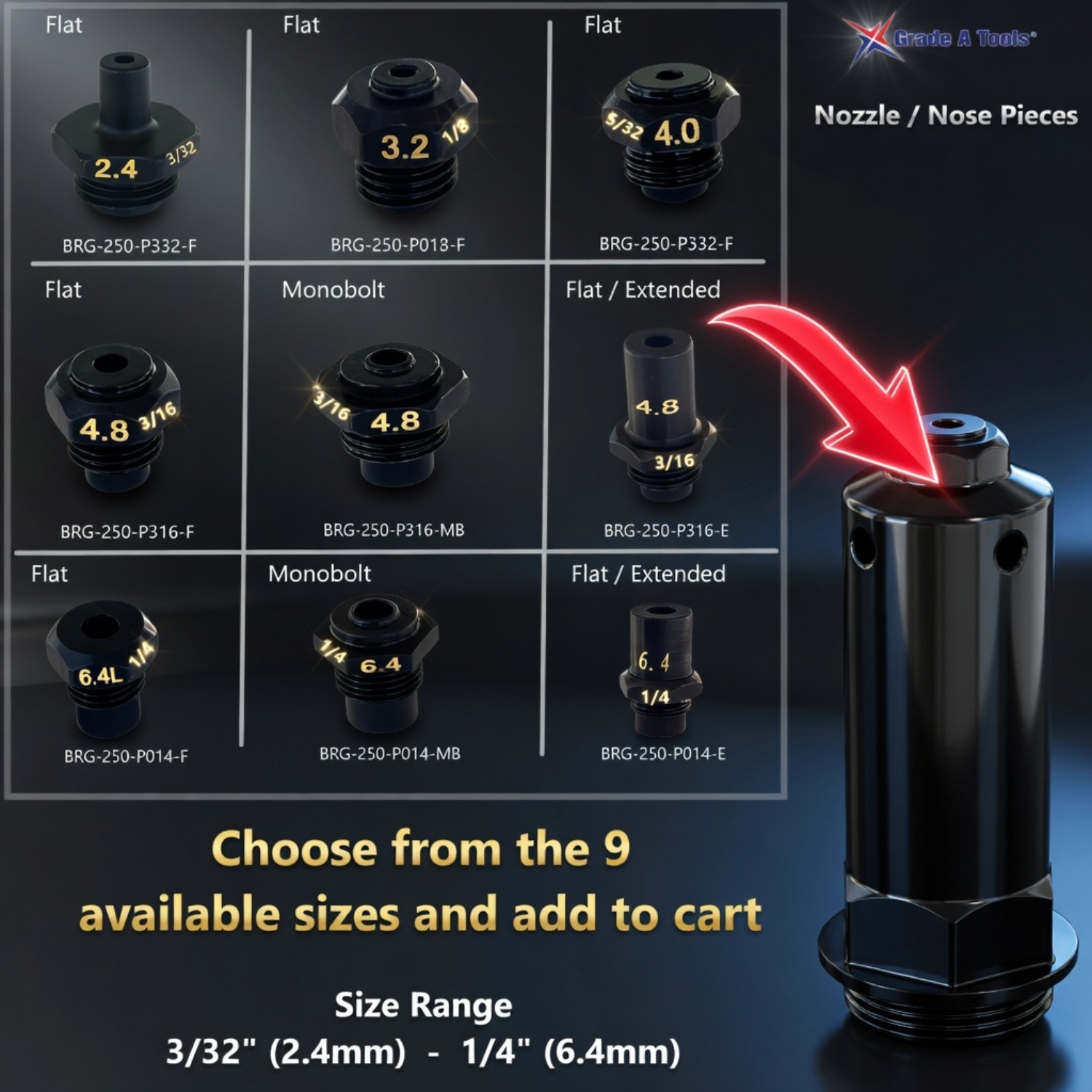 Nozzles & Nosepieces for BRG-250 rivet gun.