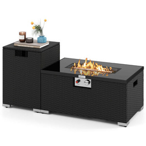 2-Piece Outdoor Rattan Fire Table Set 32 Inch Rectangle Gas Firepit with Tank Cover-Black - Color:  D681-NP12223DK