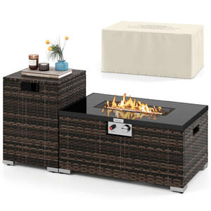 2-Piece Outdoor Rattan Fire Table Set 32 Inch Rectangle Gas Firepit with Tank Cover-Brown B593-NP12223