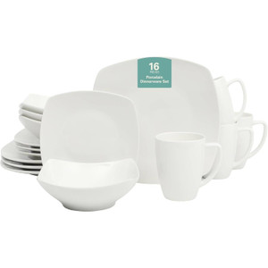 16 Pieces - White Square Porcelain Dinnerware Set - Service for 4 Q280-DFKJGH5676578