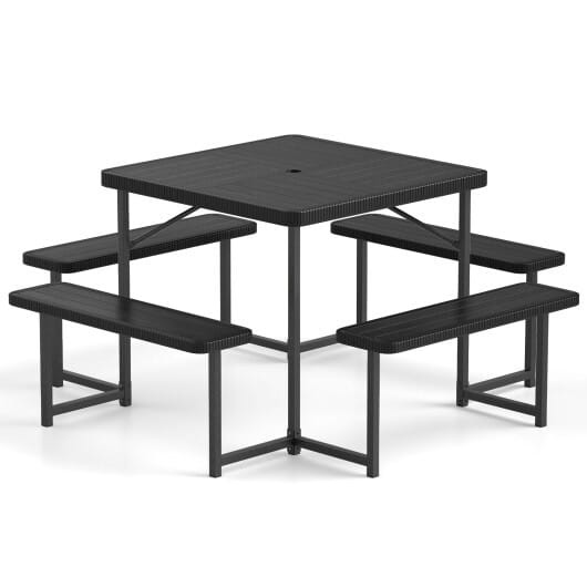 Outdoor Square Picnic Table Bench Set for 4-8 People with Umbrella Hole-Black - Color: Black - Size D681-NP12106BK