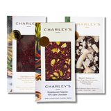 three Australian tropical flavours in Charley’s Signature Dark Chocolate Tasting Pack – Davidson’s Plum, Beach Coconut, and Rosella & Pistachio.
