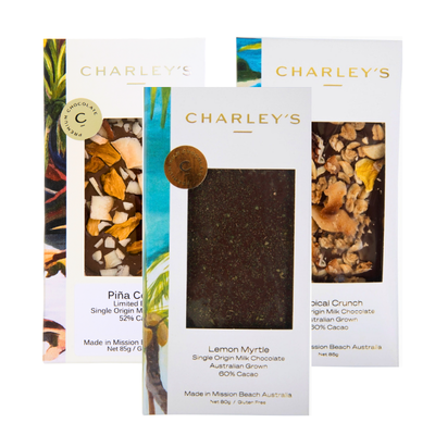 Charley’s Signature Milk Tasting Pack – The Tropical Selection, featuring Lemon Myrtle, Tropical Crunch and Pina Colada.