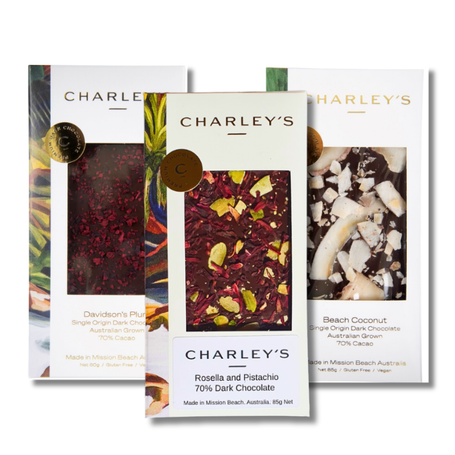 three Australian tropical flavours in Charley’s Signature Dark Chocolate Tasting Pack – Davidson’s Plum, Beach Coconut, and Rosella & Pistachio.