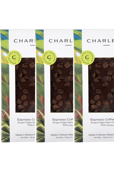 Charley's Dark Chocolate with Espresso Coffee Beans  Value Pack
Australian Made Premium Single Origin Chocolate 