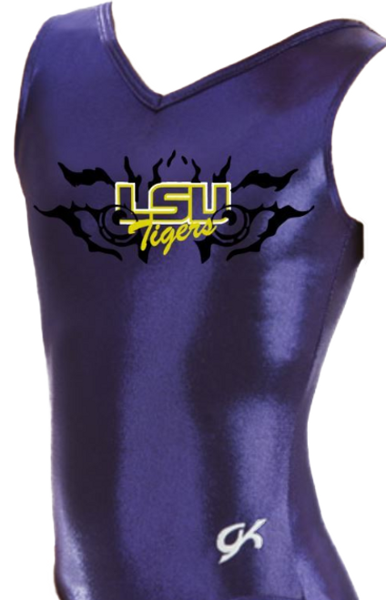 LSU TIGERS Dazzling EYE of the TIGER  Girls' Gymnastics Leotard: GK  Purple Mystique.  FREE Scrunchie!