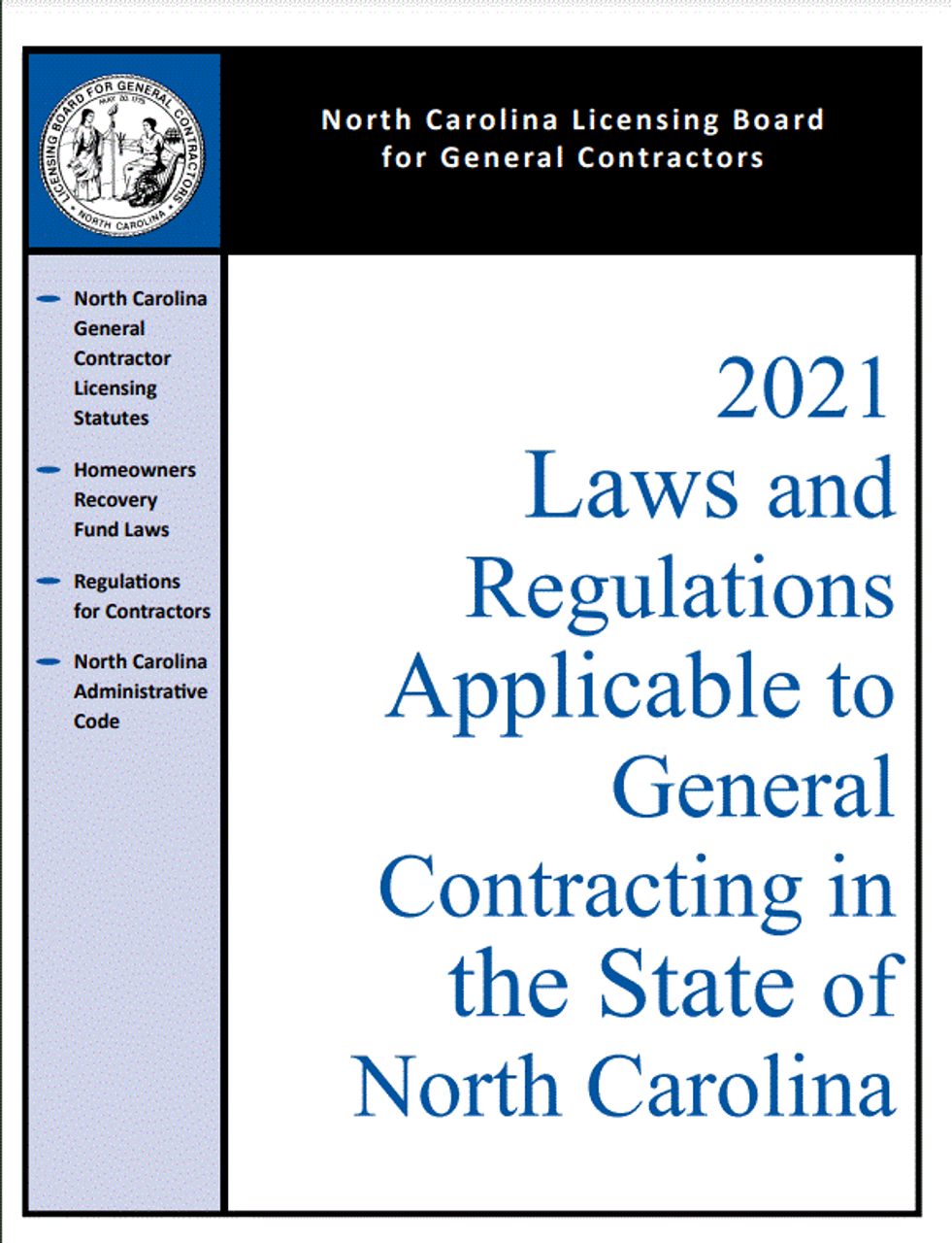 Laws and Regulations Applicable to General Contracting in the State of North Carolina 2021