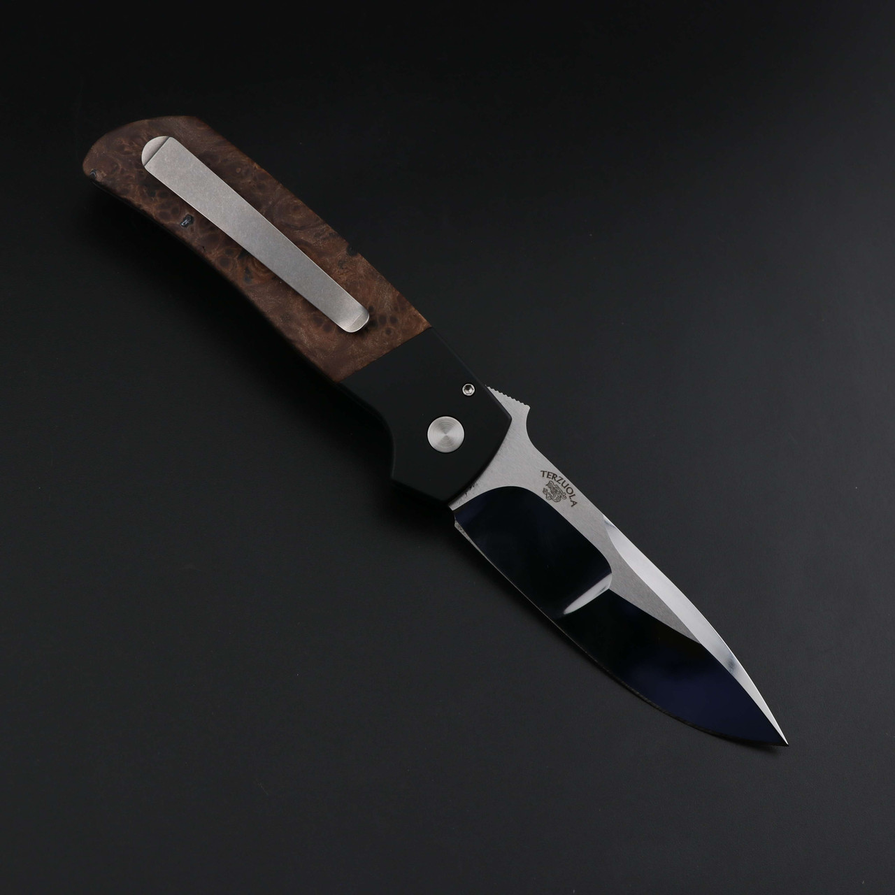 ProTech Terzuola ATCF Auto | Black handle Maple Burl Inlays