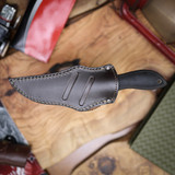 SPYDERCO MORAN UPSWEPT GREY DAMASTEEL W/ LEATHER SHEATH PLAINEDGE