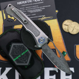 Heretic Knives Wraith Single Edge Manual Vegas Forge SanMai Reptillian Damascus with Titanium Chassis Abalone Button #8 BSW25-001