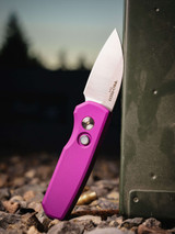 ProTech RUNT 5 Smooth purple handle, machine satin MAGNACUT wharncliffe blade, pearl button, satin hardware, polished clip. R5300-LTD Purple