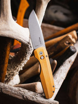 ProTech Vero Synapse Design - Black thick back Al handle with natural linen micarta lid, stonewash Magnacut blade, blasted hardware, machined titanium clip. VERO1211-NATURAL LINEN