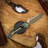MICROTECH LUDT TANTO EDGE MARFIONE SELECT BRONZED STONWASH FINISH ANTIQUE GREEN ANODIZED TITANIUM W/ TEXTURED INLAY AND BRONZE TITANIUM ACCENT BRONZED DOUBLE VAPOR BLAST STAINLESS