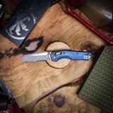 Microtech MSI Mini Ram-Lok Partial Serrated Marfione Select Apocalyptic Finish Antique Blue Anodized Slab Side Titanium W/ Blue Titanium 210M-11APMS2